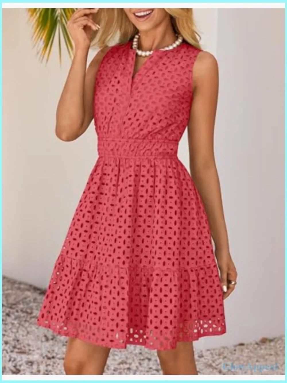 Sleeveless Mini Dress V Neck Eyelet Flowy A Line Beach Vacation Sundress
